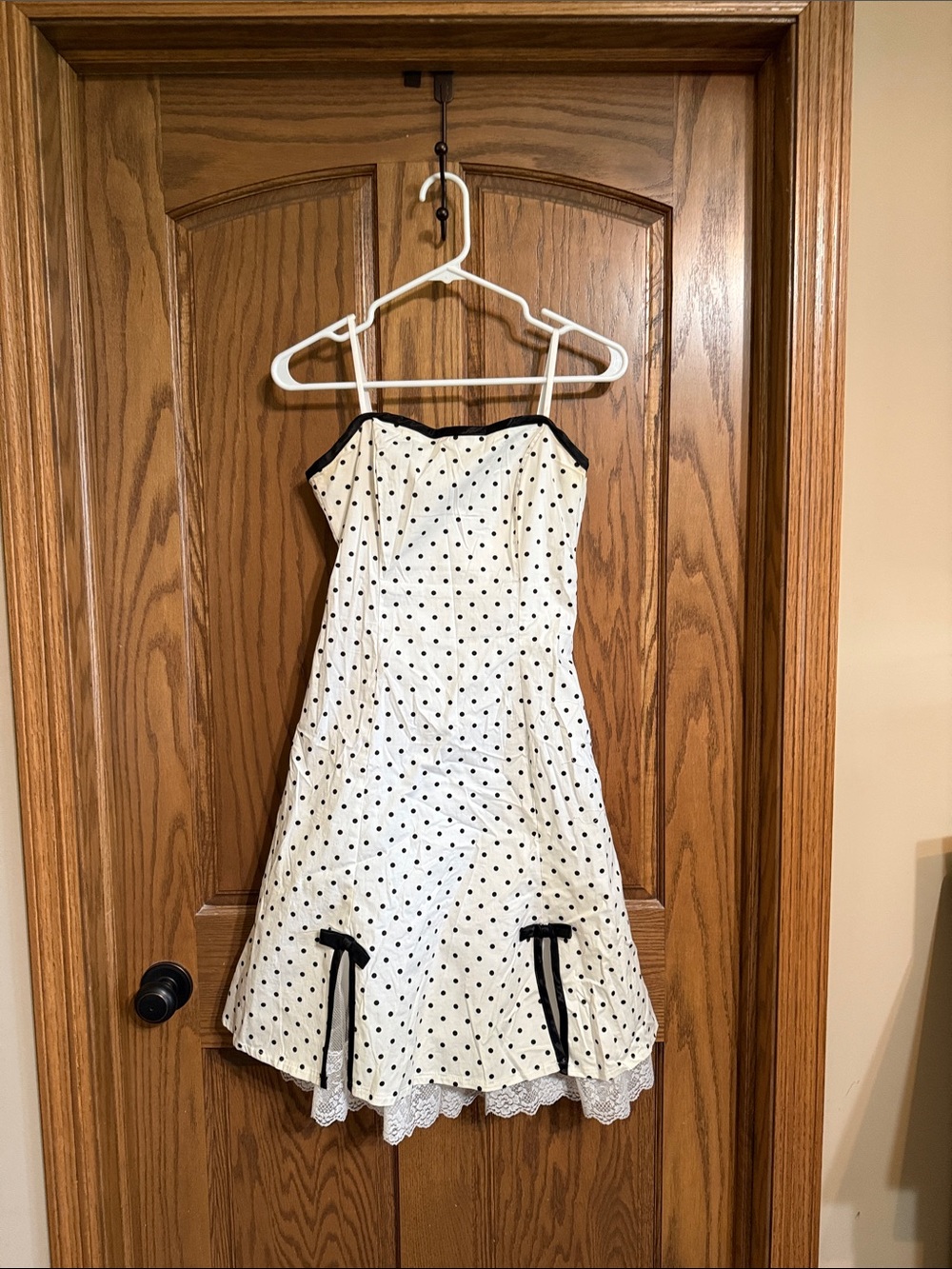 A. Byer Cream Polka Dot Strapless Party Dress with Black Trim